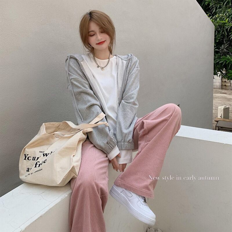 ジッパーグレーのフード付きセーター女性秋ルーズ長袖カーディガンジャケット2020新しいトップインタイド ブラックストロベリース96707370138