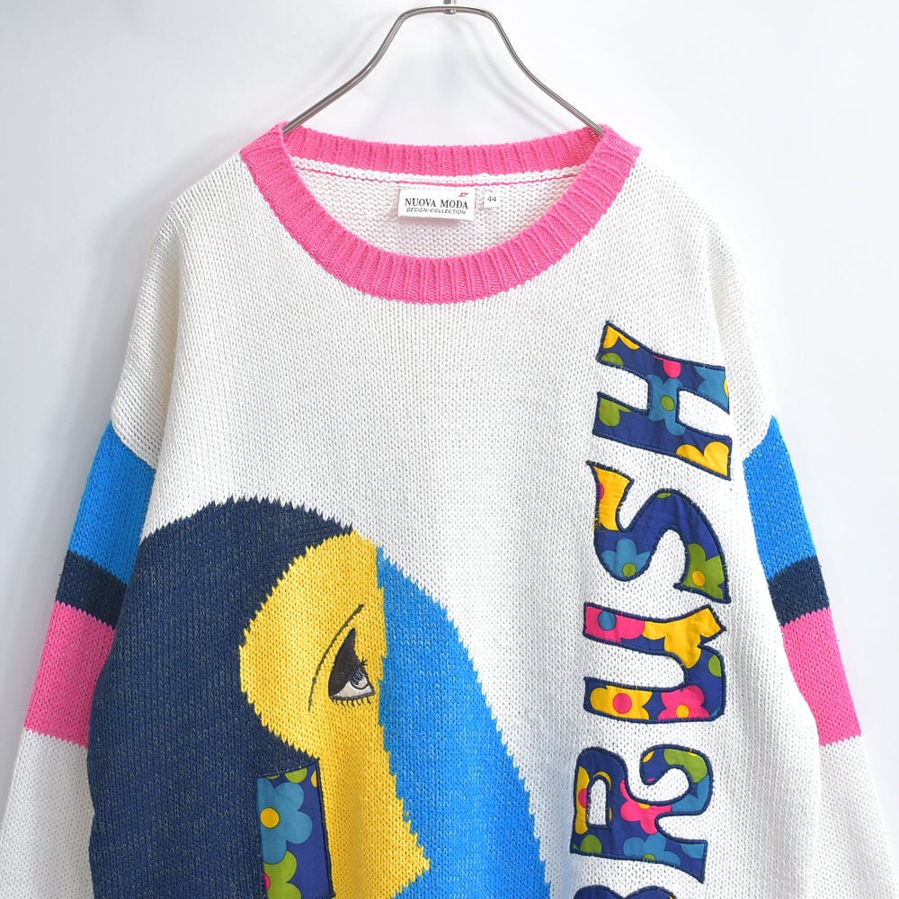 90s Used NUOVA MODA ヌォーヴァモーダ アートフェイス 切替 デザイン チュニック丈 ニットワンピース ヴィンテージ ビンテージ ヨーロッパ古着 レディースXLサイズ相当