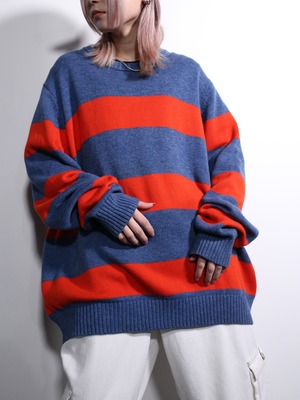 "LAND'S END" blue ×orange good coloring border cotton knit