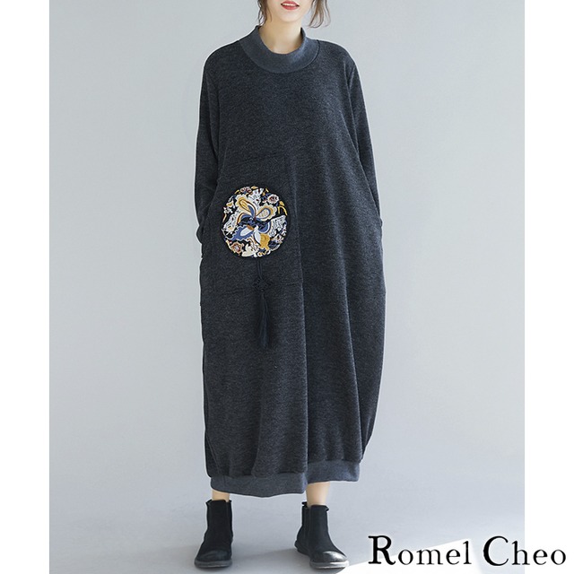 お支払確認後日以内発送 Romelcheo 花柄 刺繍 ニット マキシワンピース マキシ丈 ロング ワンピース オーバーサイズ ビッグシルエット レディース 秋冬 長袖 ゆったり ハイネック モックネック コクーン 韓国 ファッション エスニック ロメルチェオ Romelcheo