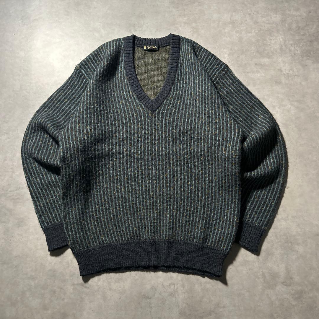 ヴィンテージ グレー グリーン Vネック デザイン レトロ ニット セーター