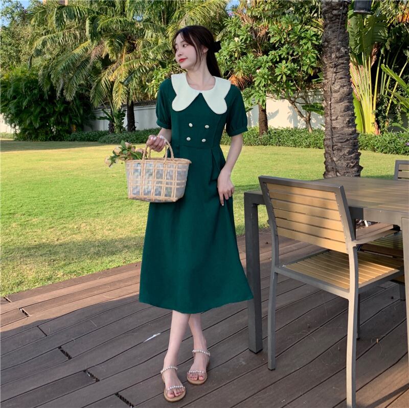 董小姐シリーズ ワンピース レディースファッション 可愛い グリーン 緑 大きいサイズ エレガント 夏 配色 気質アップ Elegant