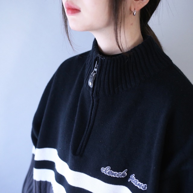 monotone switching color pattern over silhouette half-zip knit