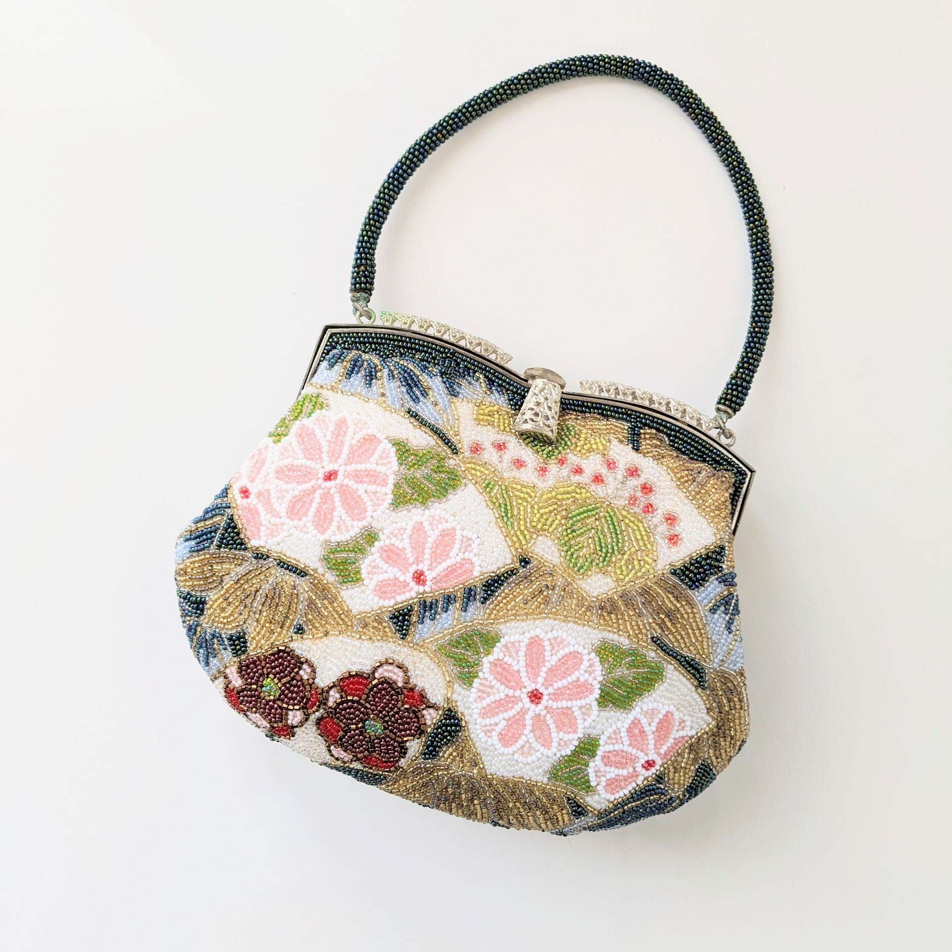 Vintage】ビーズ刺繍バッグ Beaded Bag 深緑 花扇柄 パーティーバッグ 