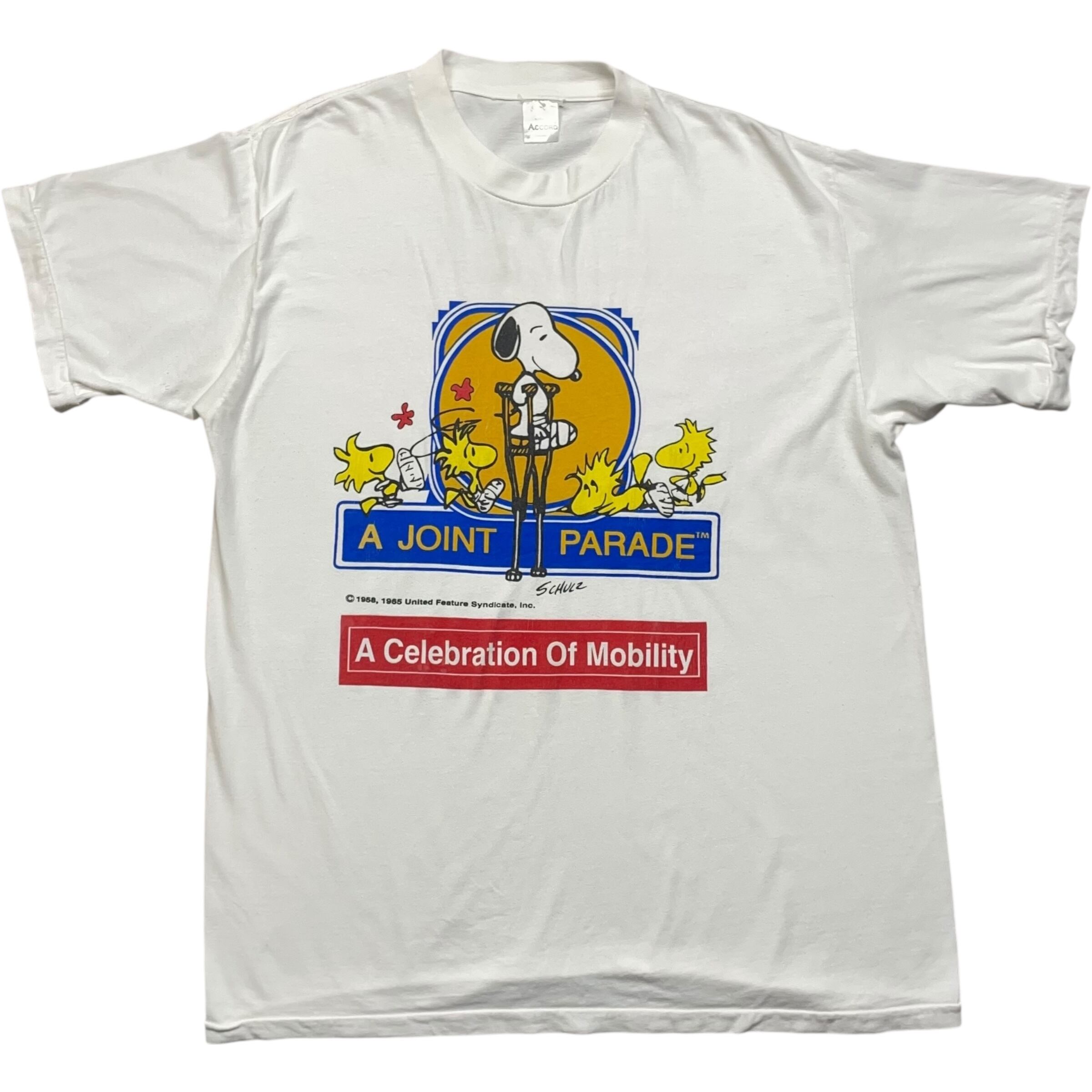 《XL》ACCORD Tシャツ 両面プリント スヌーピー A JOINT PARADE レタープリント ホワイト シングルステッチ 90年代 vintage no.8550