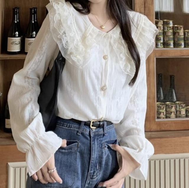 レディース シャツ ブラウス 長袖 Vネック 襟付き フレア フェミニン レース かわいい 大人可愛い きれいめ ガーリー 春 秋