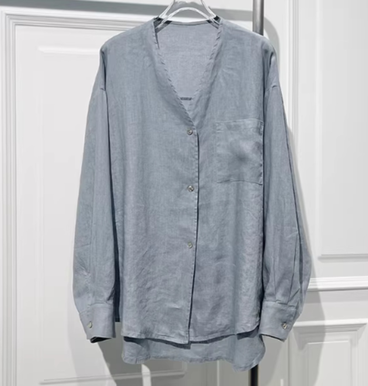 Vネック長袖シャツアンドパンツリネン素材スーツ