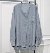 Vネック長袖シャツアンドパンツリネン素材スーツ