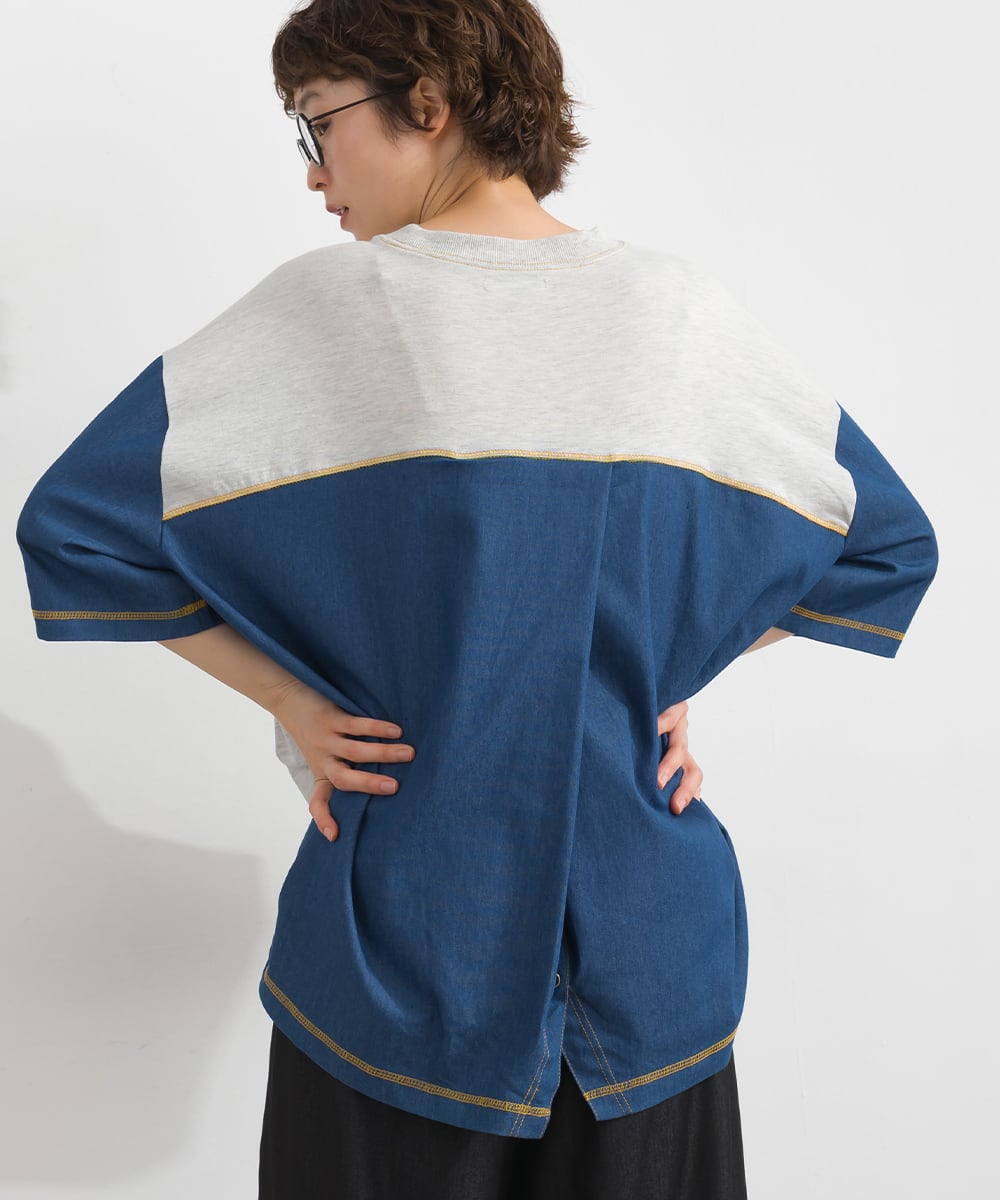 J262062 デニム切替リメイク風ロゴプルオーバー / Denim Panel Remake