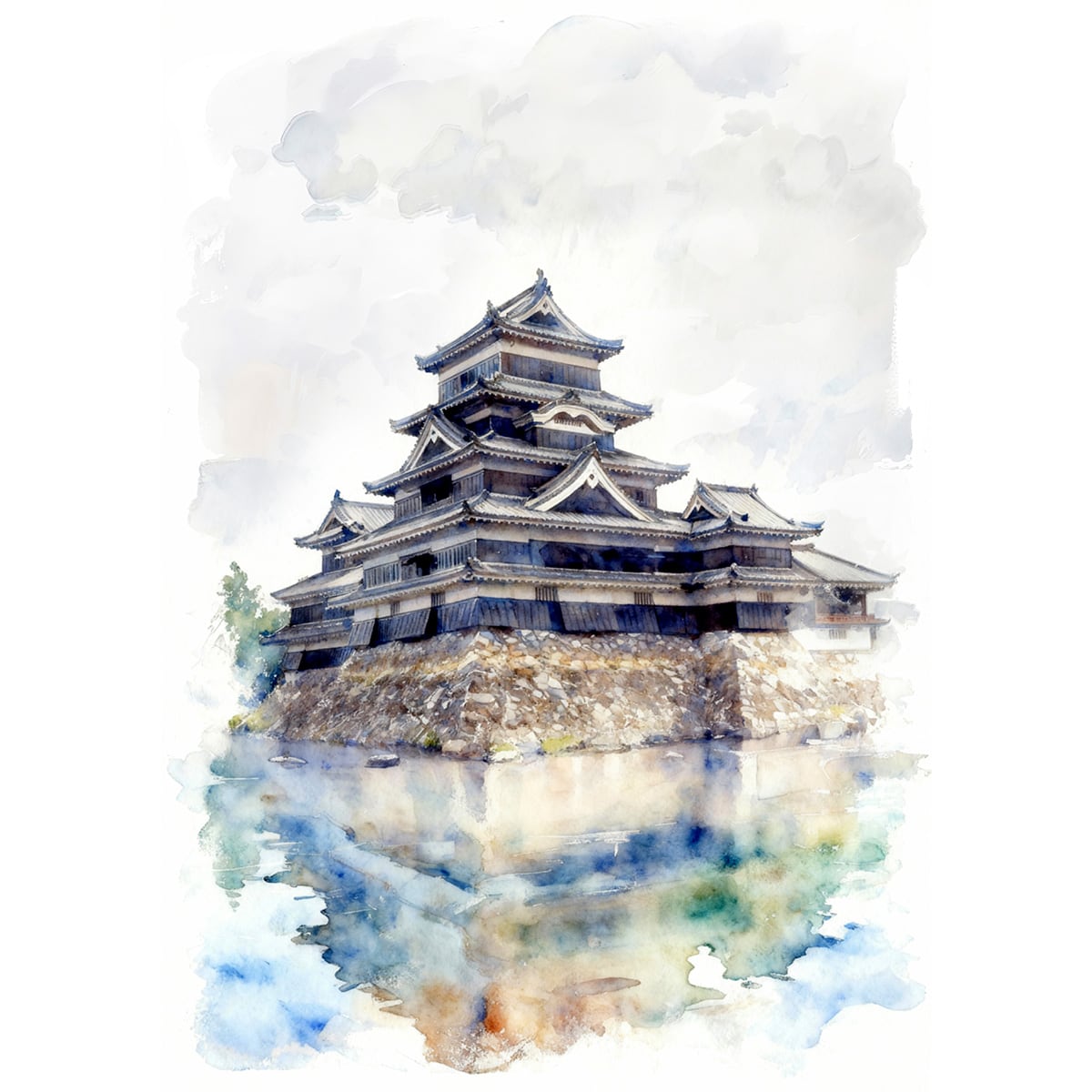 絵画 風景画(街並み) 日本の城 長野県 松本城 インテリアアート額付き 水彩画・油絵風 WAT1580