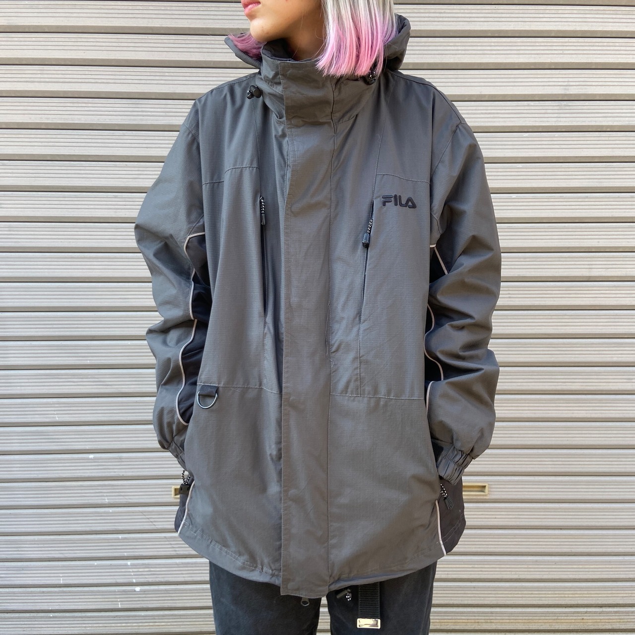 FILA フィラ フード収納型 ナイロンジャケット メンズM 古着 グレー 