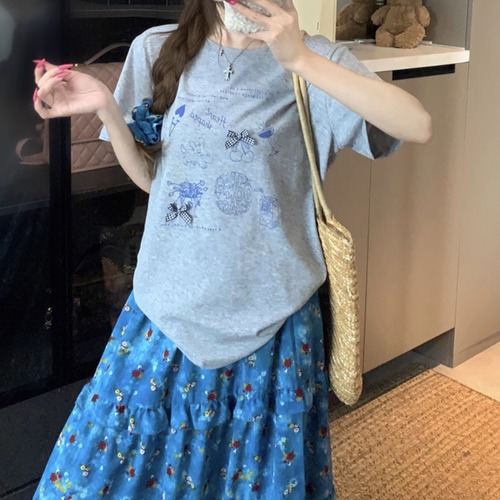 【2点セット】2色／グラフィッククルーネックT＋ティアードフリルマキシスカート ・70320