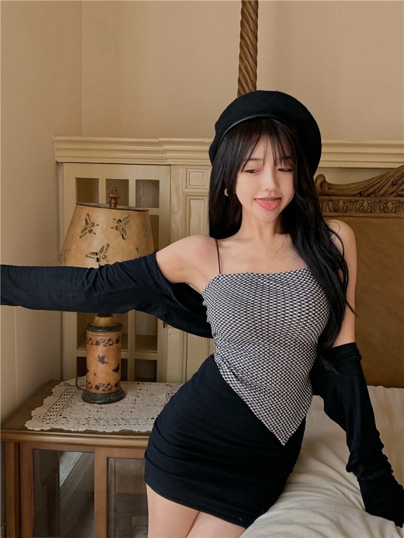 スタンダードスカーフ 格子柄トップス サマースタイルショートジャケット レトロ 夏物 ピュア スクウェア ブラックストロベリース82796363254