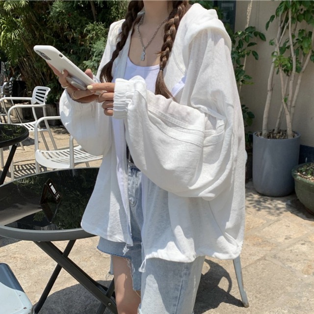 ホワイトフードジャケット 薄手レディースサマールーズカーディガントップス ロング 夏物 1号婦人21900754651