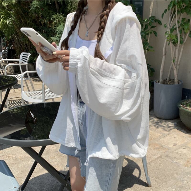 ホワイトフードジャケット 薄手レディースサマールーズカーディガントップス ロング 夏物 1号婦人21900754651