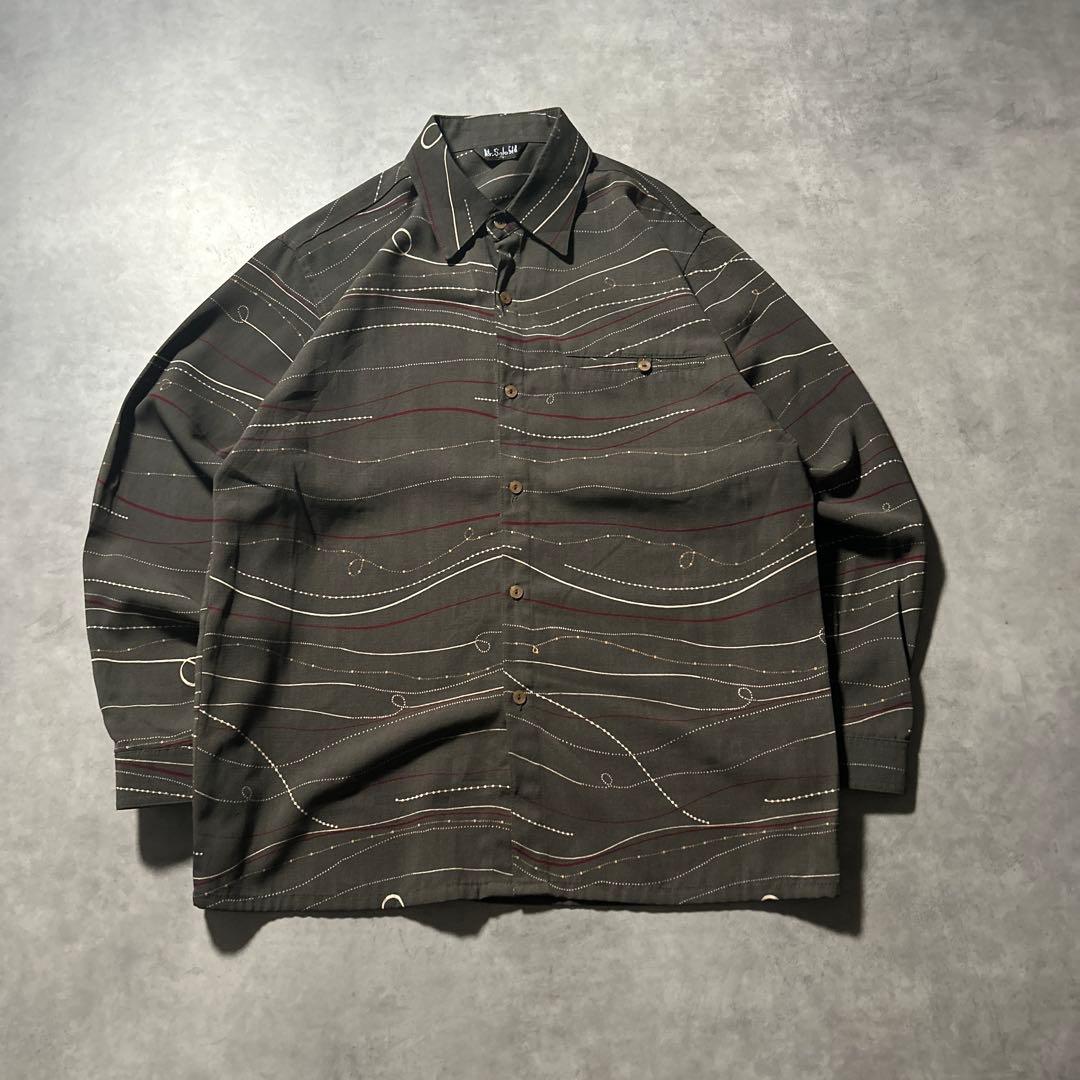 ヴィンテージ 総柄 カーキ レトロ ヨーロピアン アートパターン シャツ