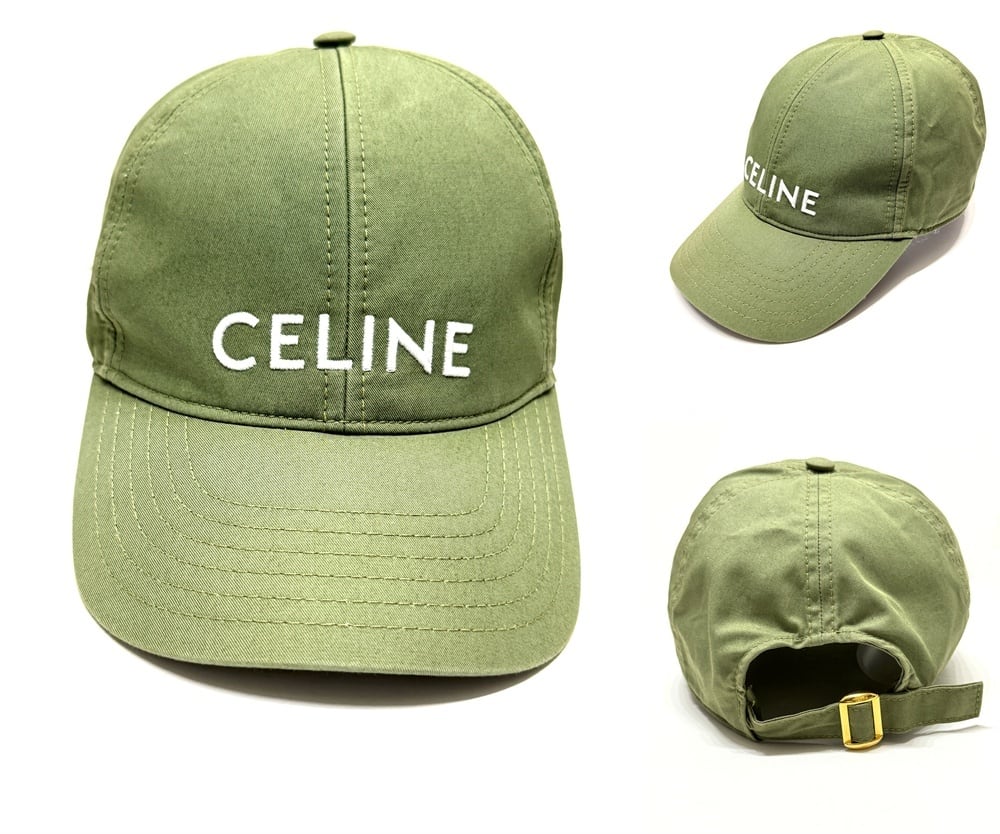 CELINE セリーヌ ロゴ キャップ L カーキ グリーン ゴールド 男女 メンズ レディース 帽子 希少