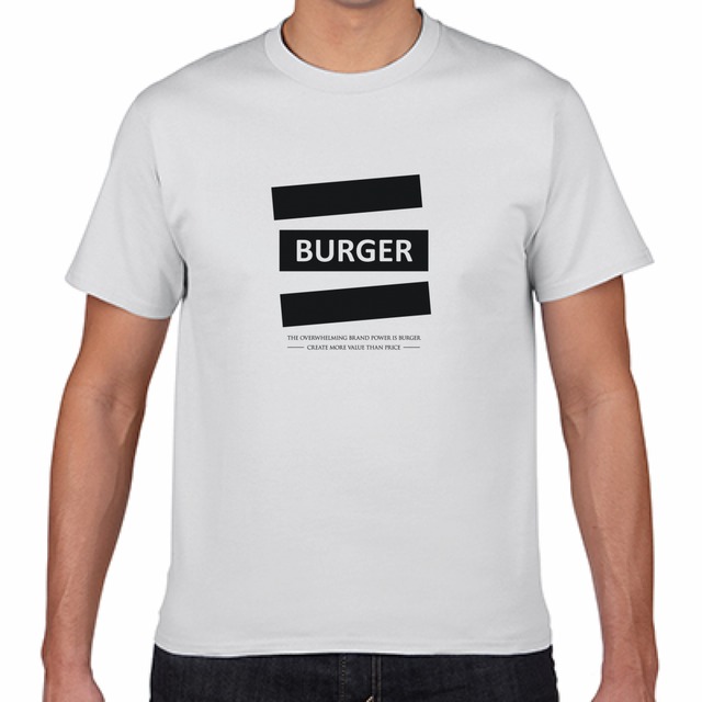 メンズ Tシャツ デザイン 白 Burger 文字有り Imシルクスクリーン胸中央 ロゴtシャツ販売 デザイン Burger バーガー
