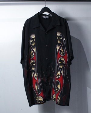 【Caka BLACK】Skull × Tribal Flame Pattern Loose Open Collar S/S Shirt