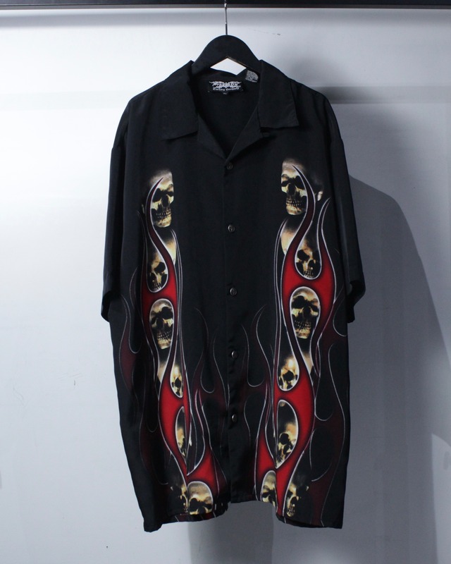 【Caka BLACK】Skull × Tribal Flame Pattern Loose Open Collar S/S Shirt