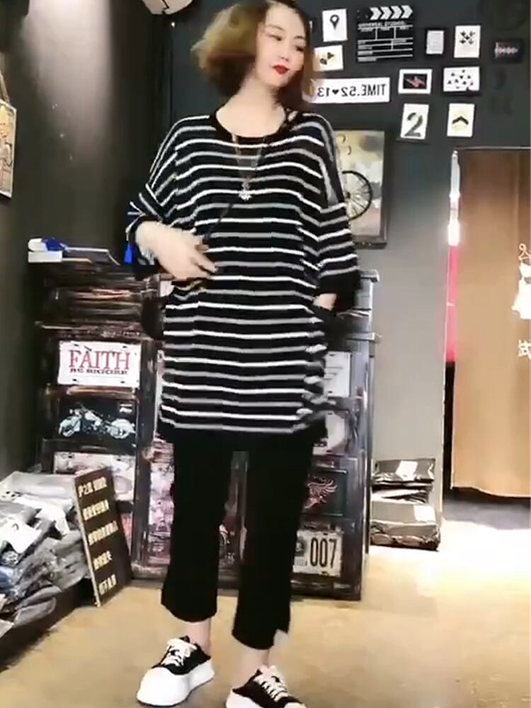 ストライプスリーブTシャツ ルーズラウンドネックブラウス スタイルロング Oネック ミックスインファッション71023317430