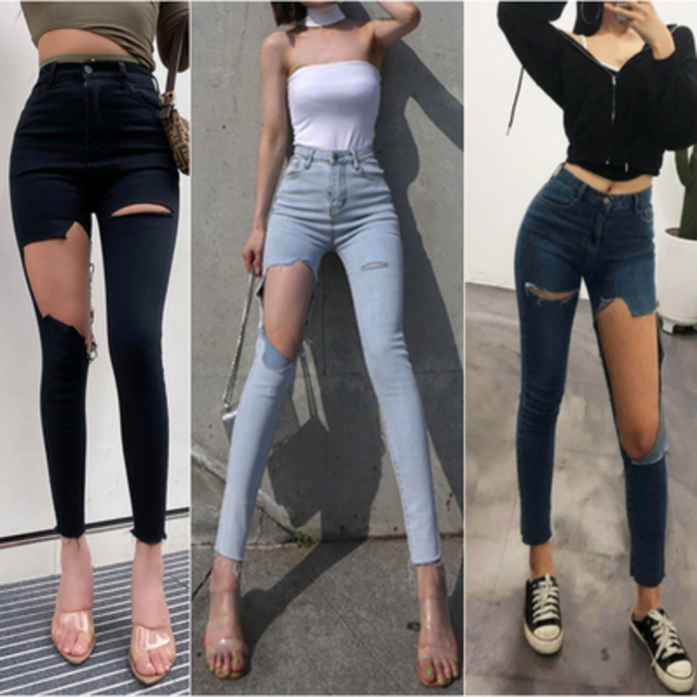 早めの発送】ダメージスキニージーンズ ストレッチジーンズ 9分