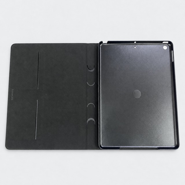 iPad 2017 2018 9.7inch 縦横両対応 回転式保護ケース ブラック カードポケット2枚 ペンホルダー PUレザー