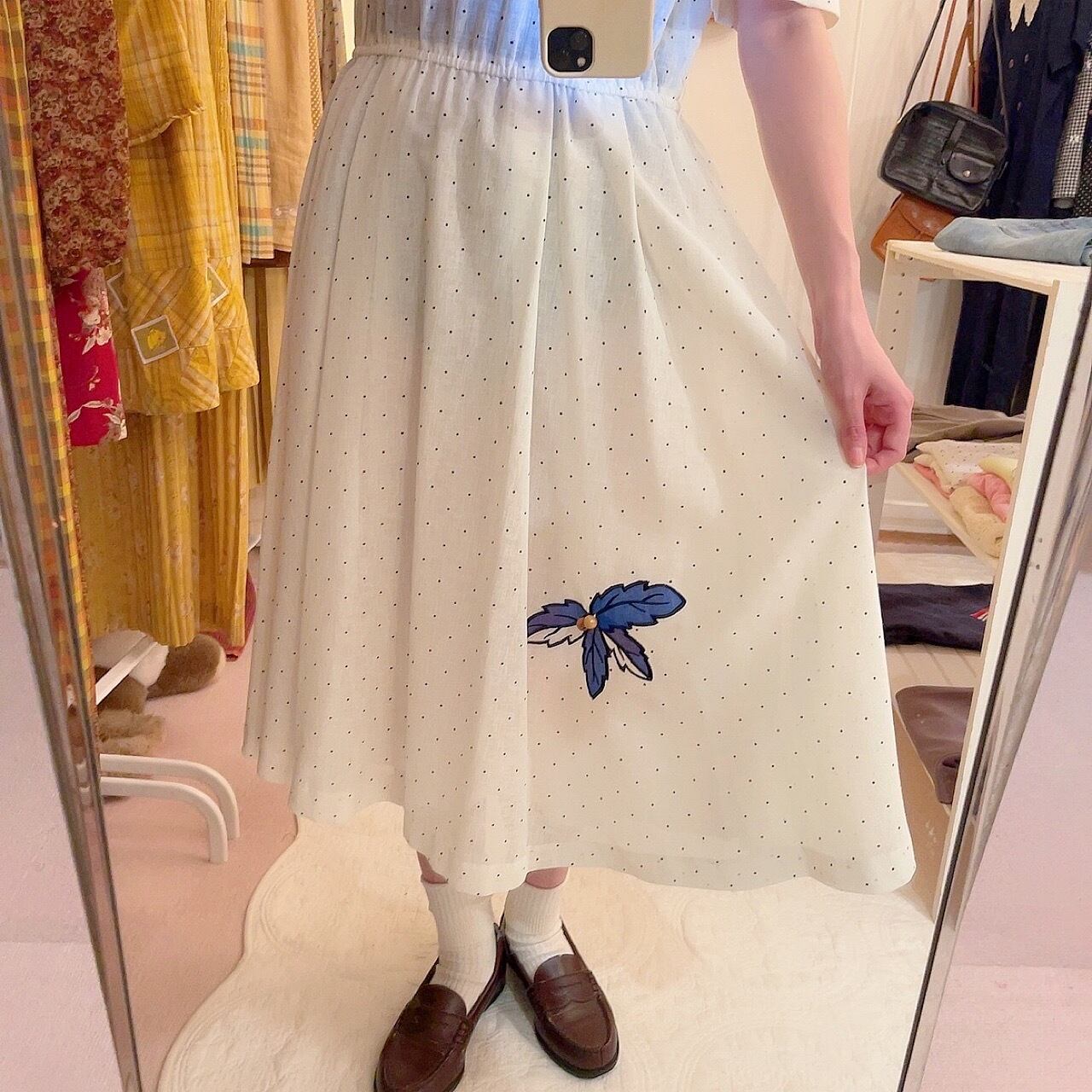 white dot blue leaf one-piece