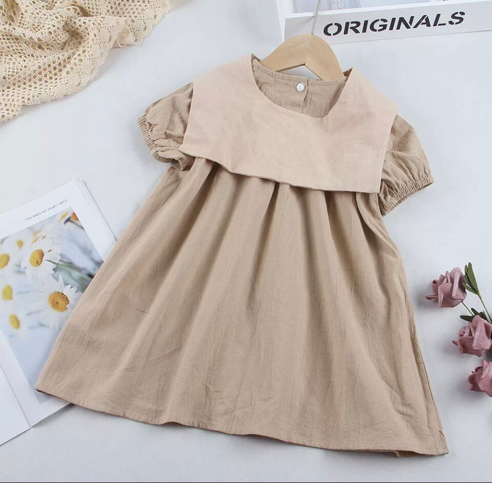 ナチュラルマリンカラーワンピース……..海外子供服 プチプラ ドレス パフスリーブ ナチュラル 女の子