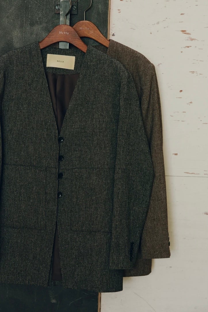 Hella silk nep collarless jacket シルクネップカラーレスジャケット