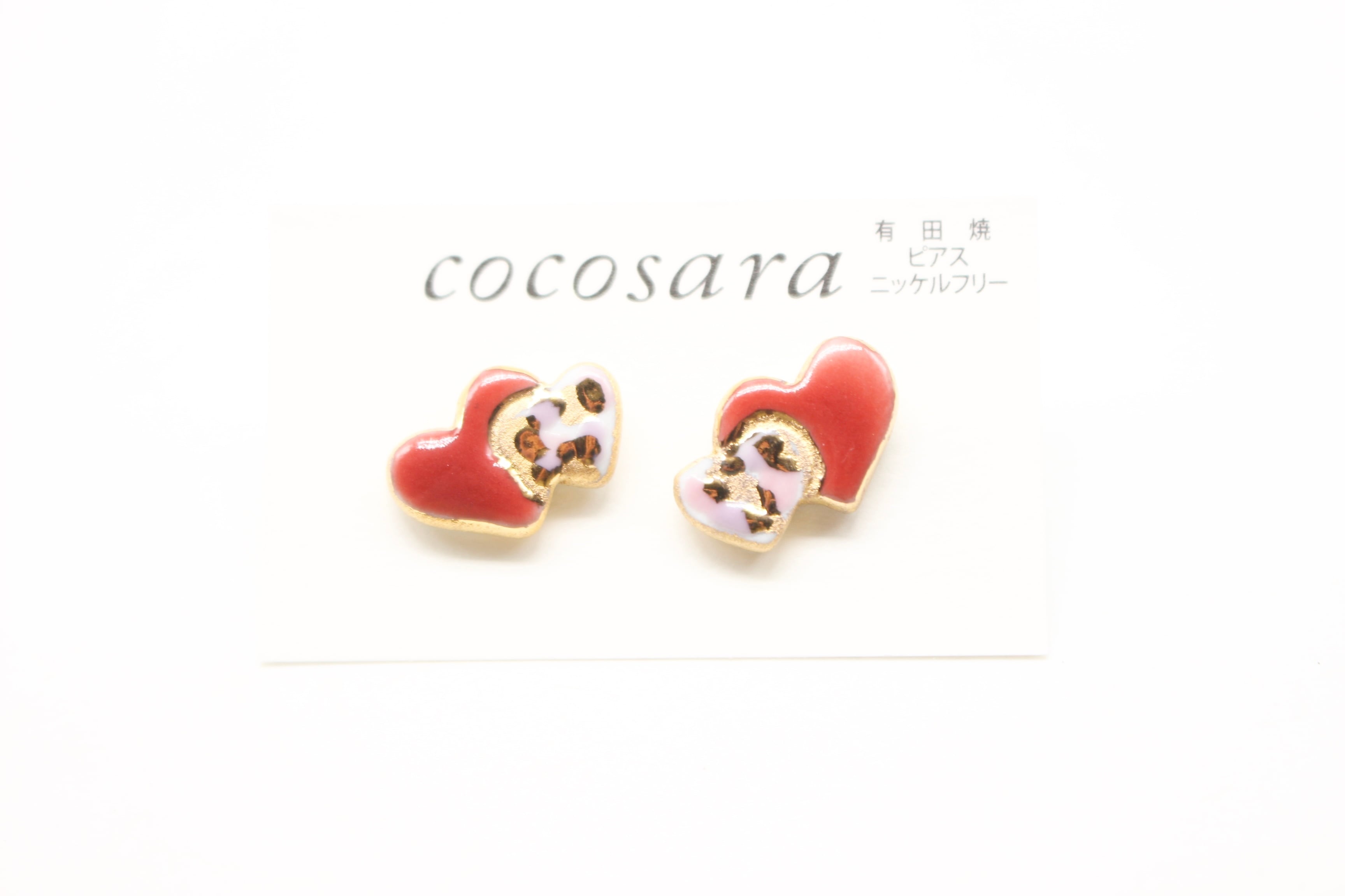 有田焼ピアス Wハート 赤カモフラージュ(金彩) | 有田焼アクセサリー