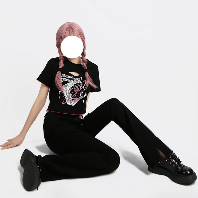 サブカル 服 地雷系 通販 Catwish ロリータ スリム デニムパンツ ベルボトム ハートリング 甘め ストリート系