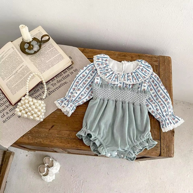 【取寄】これ1着でおしゃれに決まる!重ね着風レトロロンパース