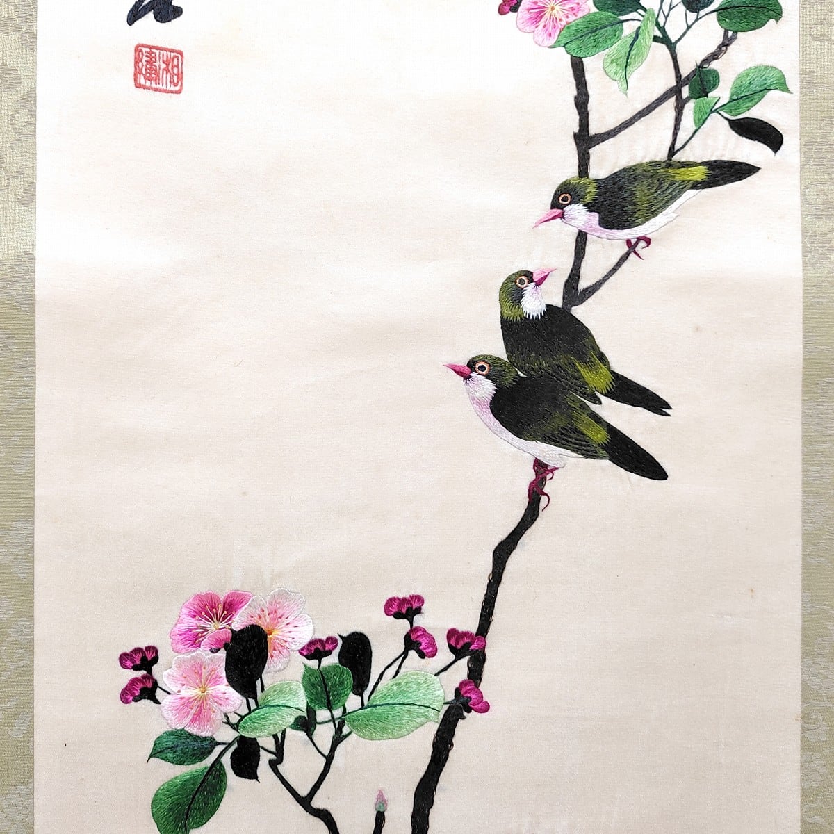 中国刺繍・湘繍・掛軸・牡丹・鶯・花鳥・フェルト・No.230503-23・梱包 