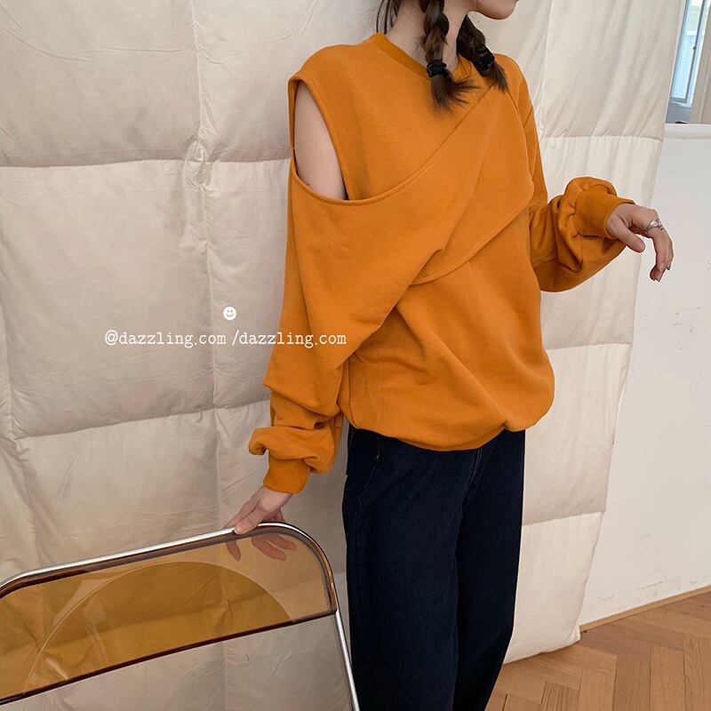 ピュアカラー長袖セーターレディース2020年初秋新作スタイル中空ストラップレスイレギュラーデザインセンスルーズトップトレンド クレセントシティ61288817799