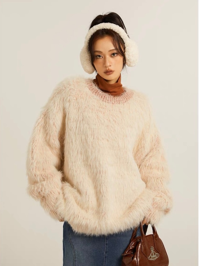 line neck fur knit