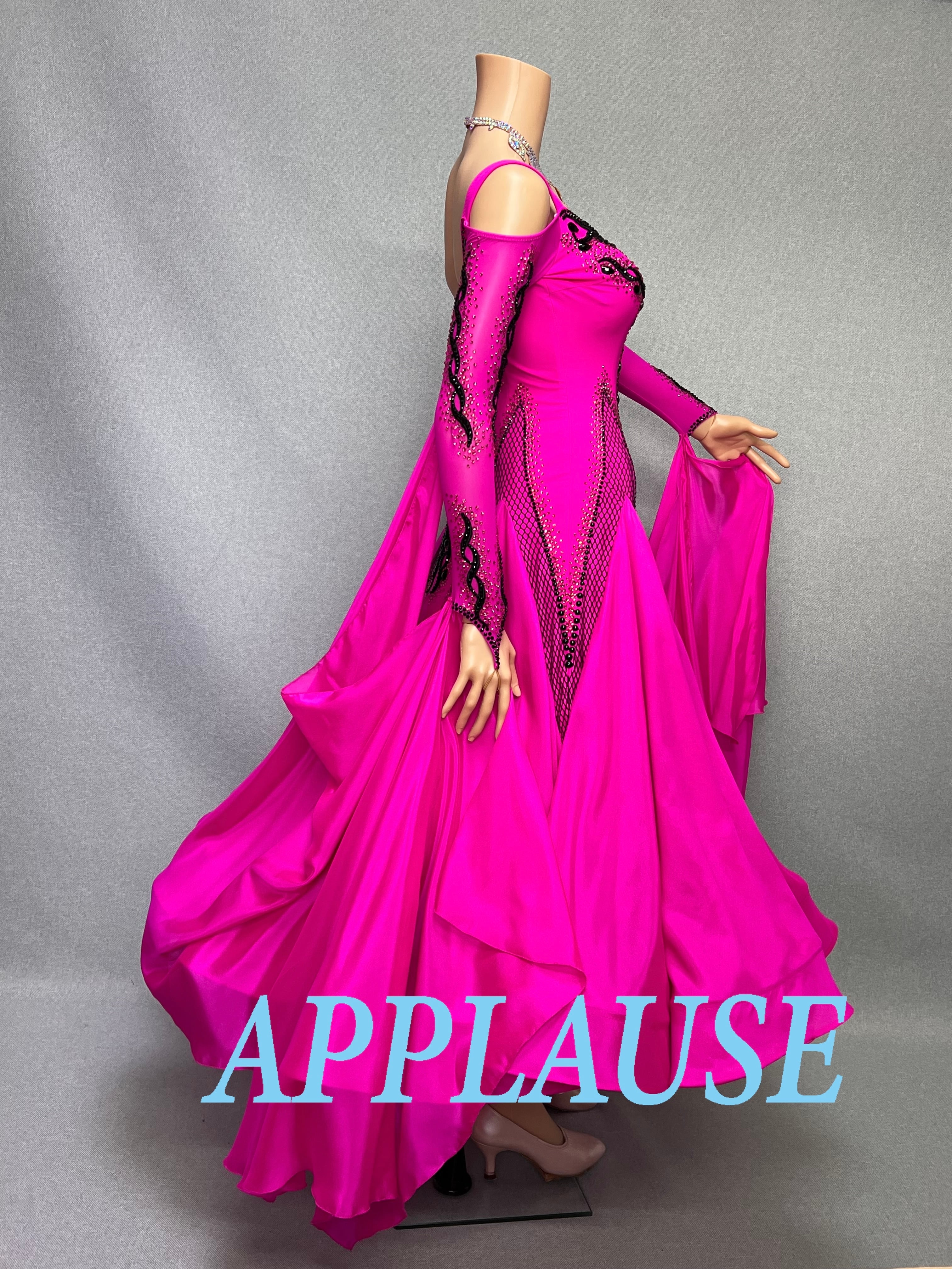 【新着】社交ダンス ドレス　モダン　スタンダード ドレス　ST-26-１　フューシャピンク　M〜L　デモ・競技用ドレス　発表会　衣装　パーティドレス　ワンピース　舞台衣装
