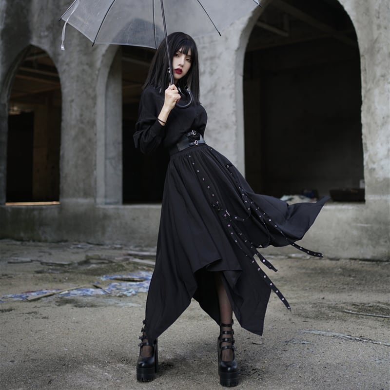 SEASONZ アシンメトリー ロングスカート ハイウエスト ストラップベルト ゴシック 病み可愛い かっこいい ストリート系 地雷系 バンギャ ゆめかわ