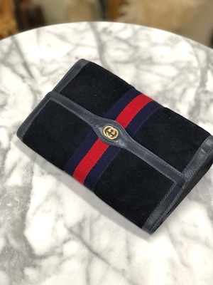 GUCCI グッチ　シェリーライン　GGモチーフ　スエード×レザー　クラッチバッグ　ネイビー　vintage　ヴィンテージ　オールドグッチ　hdkcg3