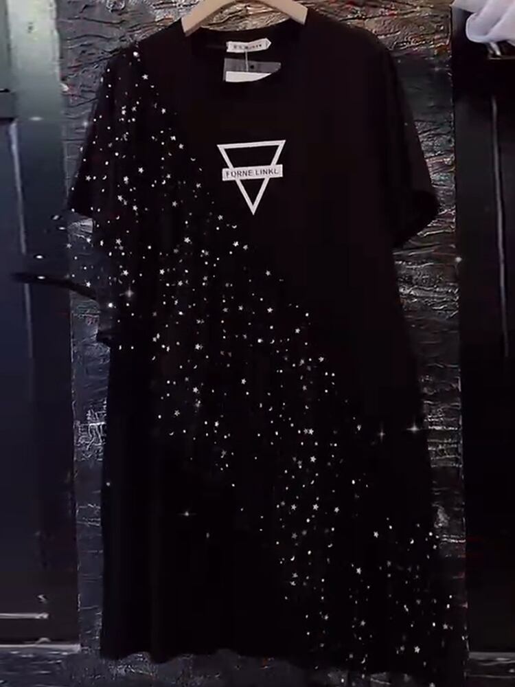 トライアングルパターンスパンコールメッシュ半袖スリーブドレス ハーフスリーブ 大きめサイズ ステッチ ミックスインファッション6719911898