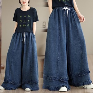 大きいサイズ 新品 秋冬 ゆったり デニム ワイドパンツ スカンツ ウエストゴム ガウチョパンツ 大人可愛 ナチュラル系