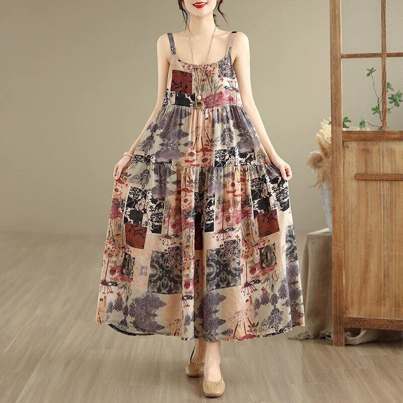 PRINT A-LINE LONG TIERED STRAP DRESS 7colors M-16761