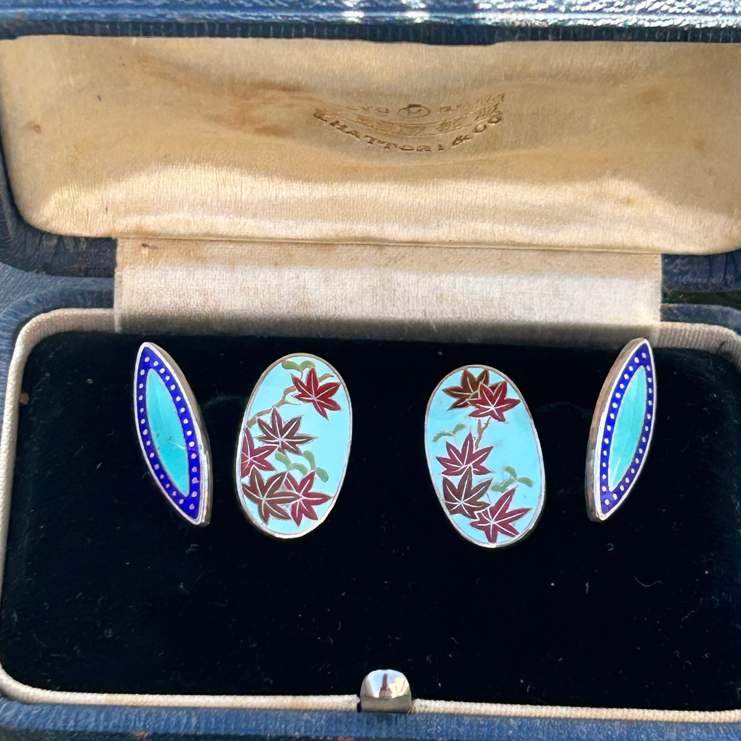 ヴィンテージ　輸出用七宝カフスボタン　スカイブルーに紅葉
