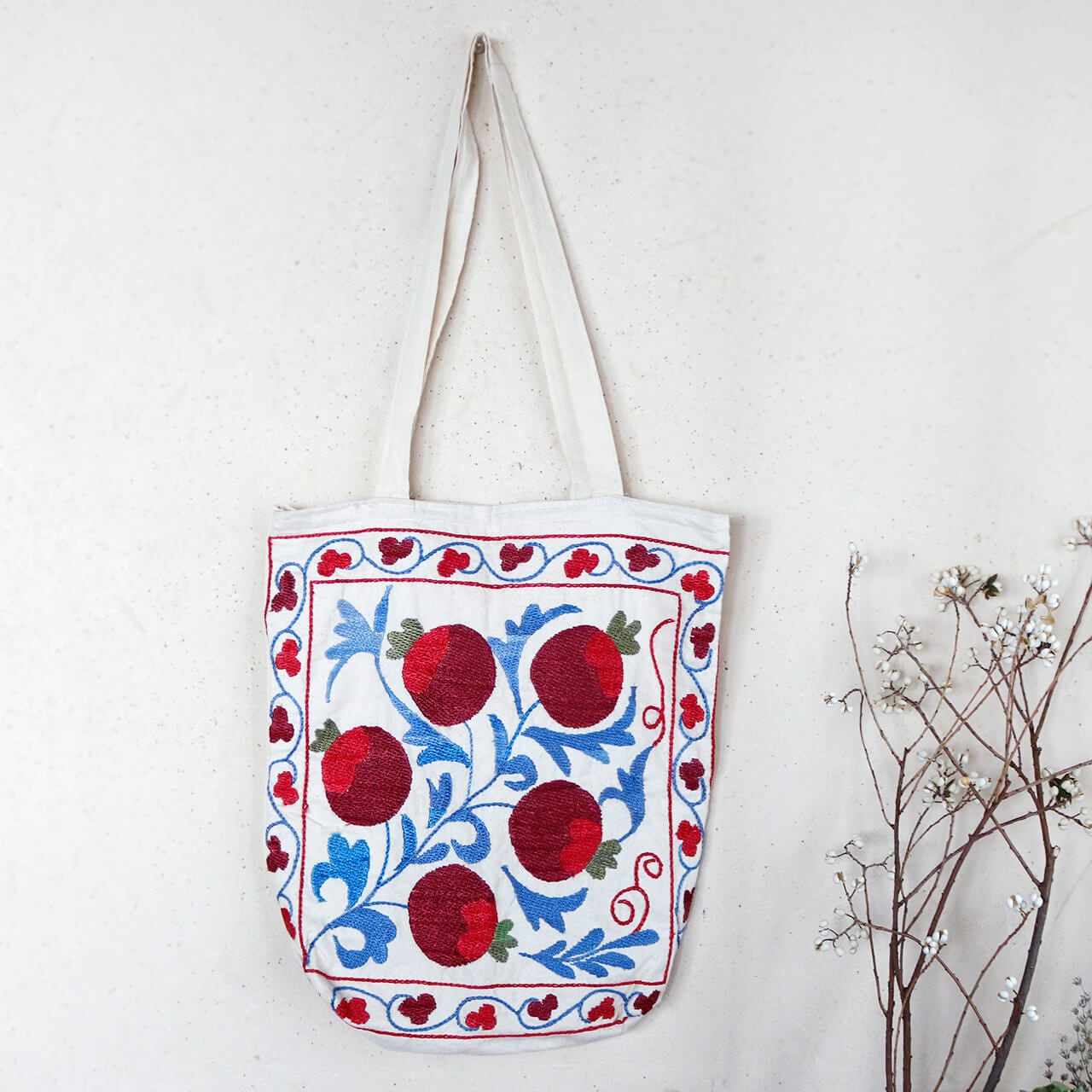 1点もの】スザニ刺繍 トート バッグ ザクロ レッド 系