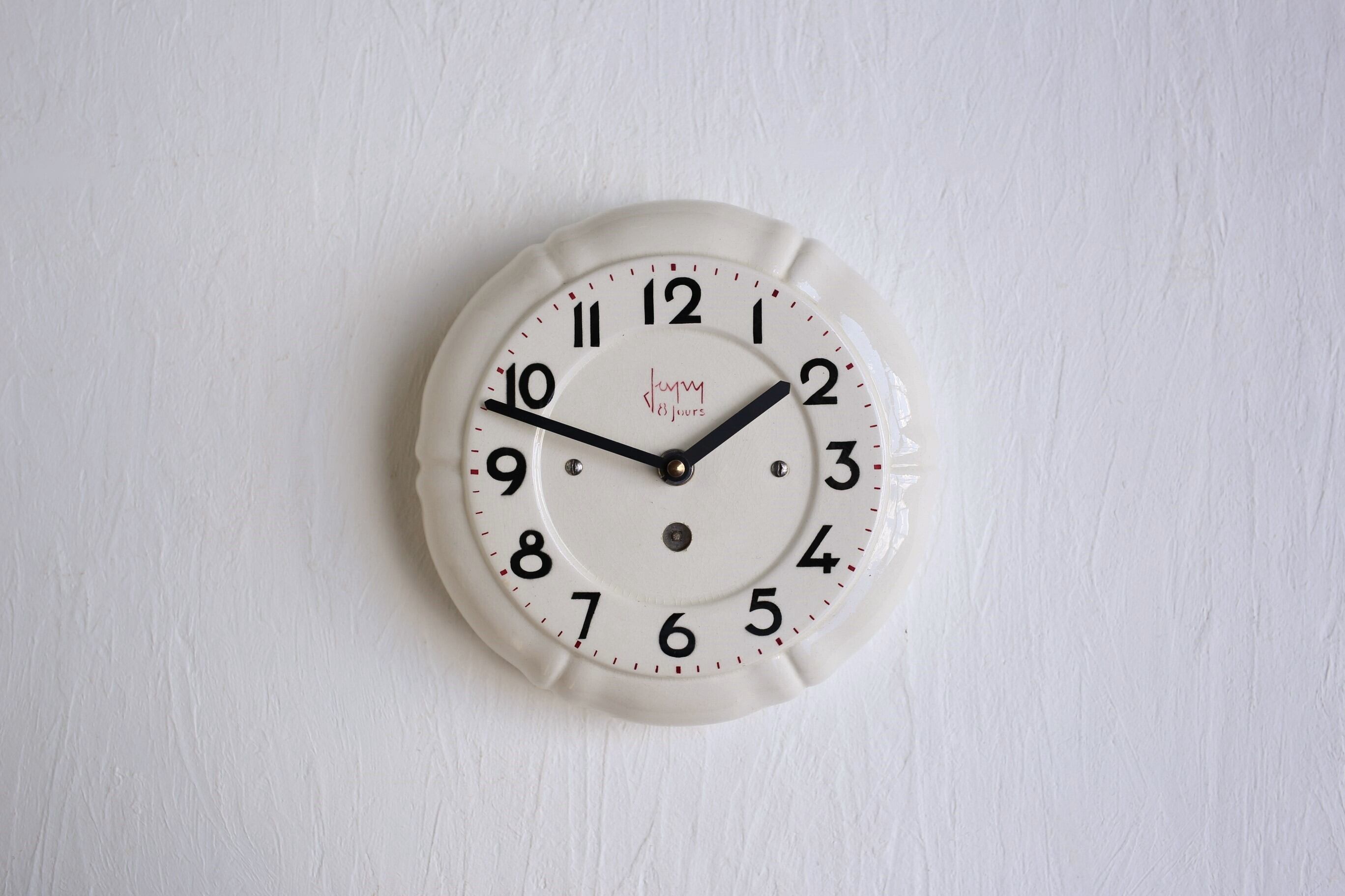 フランス アンティーク ヴィンテージ JAPY 陶器 掛時計 アイボリー 単二電池式 N-03897