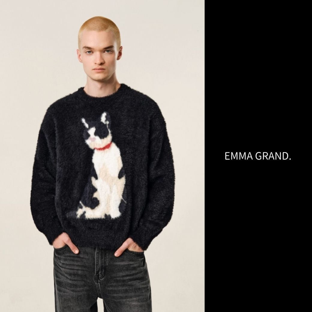 BELVET ベルベット リジットデニム ブラック おまけ赤モヘアニット付き 赤い首輪の猫が見つめるモヘアニット E00603 | EMMA GRAND