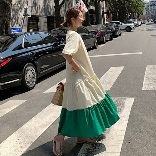 ワンピース ツートンカラー バイカラー ロング丈 ティアード 五分袖 レトロ レディース 無地 体型カバー 夏 ゆったり 新作 カジュアル 大人スタイル ルーズ スクエアネック Aライン