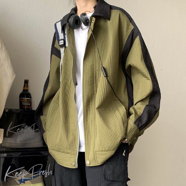 【予約販売】ブルゾン ジャンバー 長袖 コーチジャケット アウター メンズ バイカラー アイボリー/ブラック/カーキ 無地 お洒落 こなれ感 韓国 ベーシック 秋 冬 大きいサイズ M/L/XL/2XL