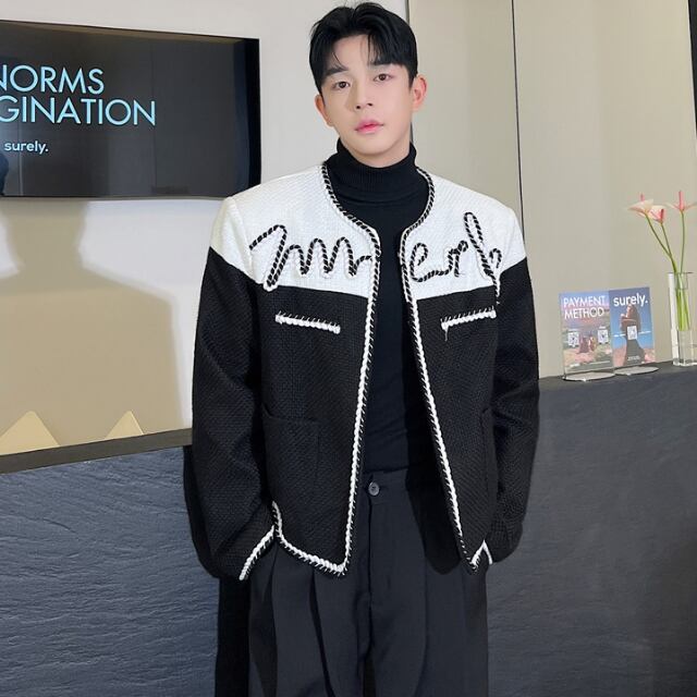 【予約販売】ジャケット ノーカラー ラウンドネック アウター 黒 ブラック バイカラー ショート丈 メンズ お洒落 こなれ感 シック 秋 春 M/L/XL