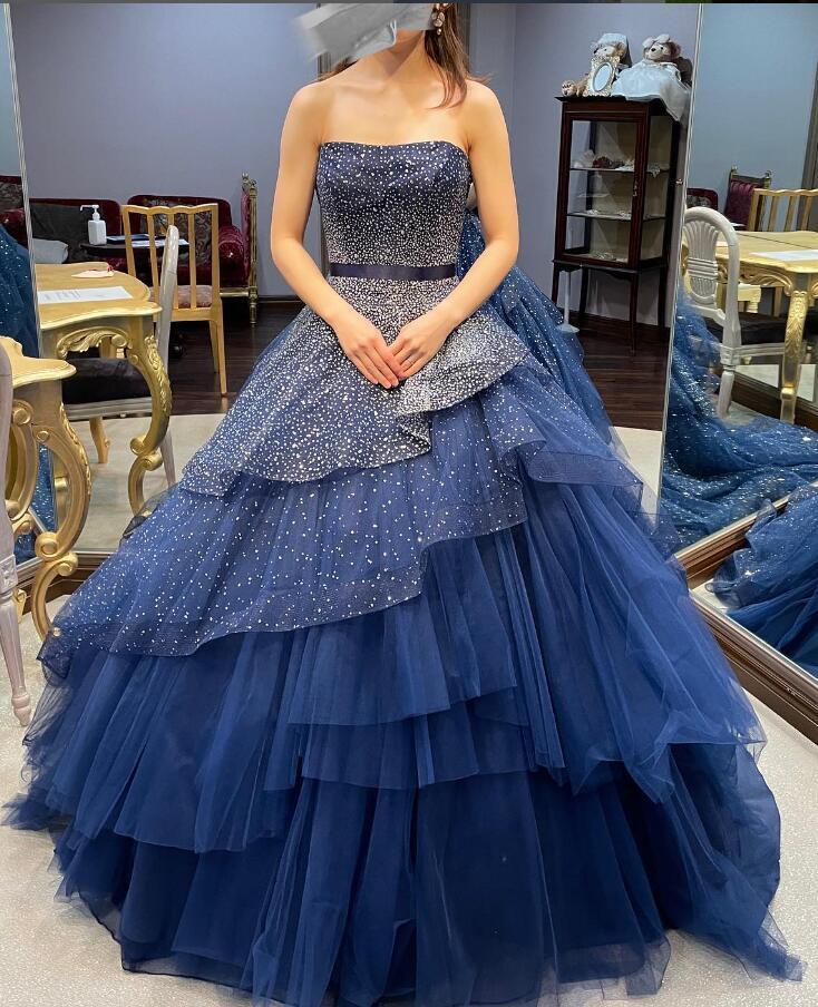 カラードレス 爽やかで優しいブルー ベアトップ キラキラグリッター  